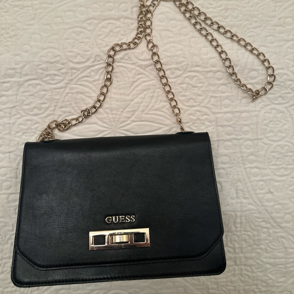 Black Leather Guess Purse with Gold Chain
